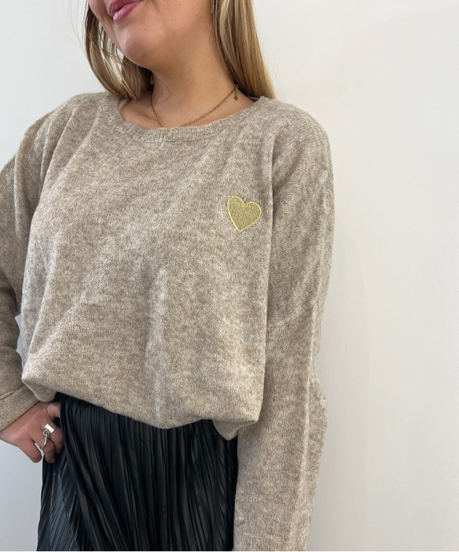 Pull coeur beige chiné