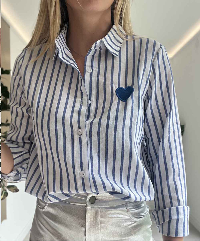 Chemise à rayures coeur bleu